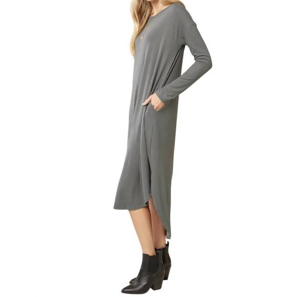 NEW ENTRO ribbed pocket midi dress in charcoal - Picture 2 of 5